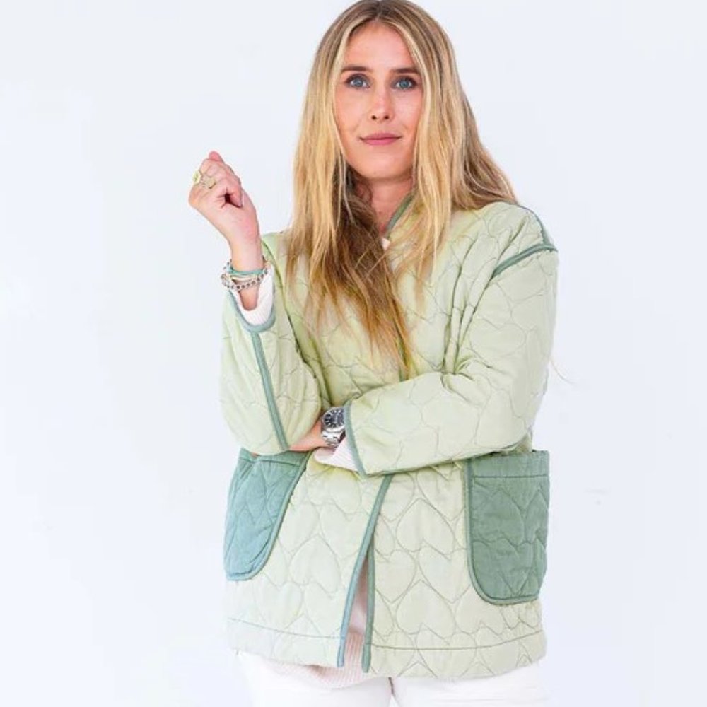 Anthopologie Heart Quilted Cotton Kimono Frenchie Jacket Green M Kerri Rosenthal